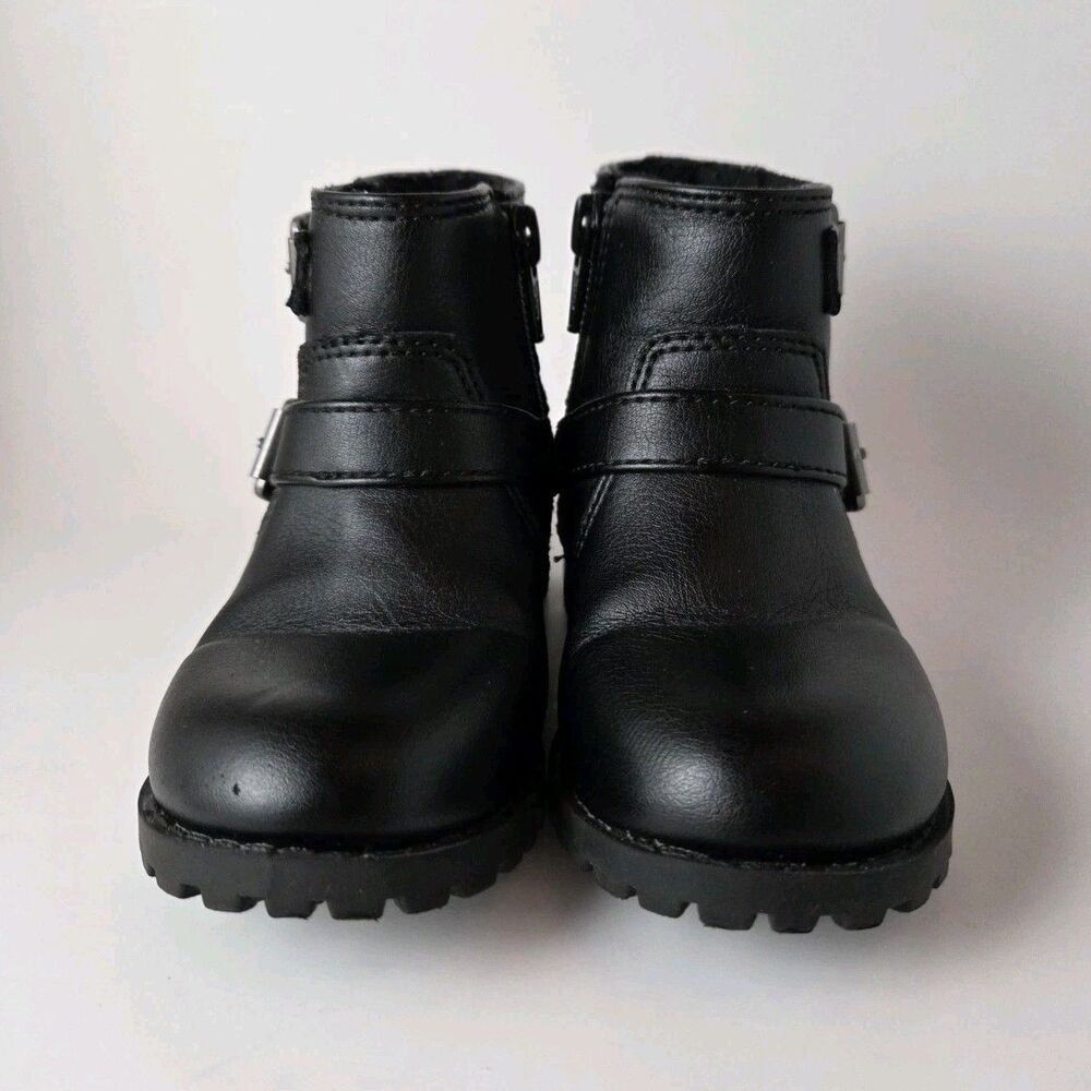 Toddler Girls Black Moto Ankle Boots Side Zip Buckle Shoes Size 7